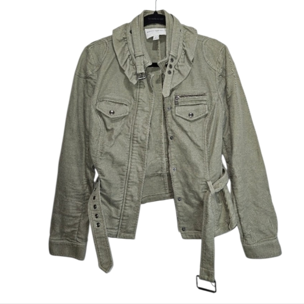 Y2K Banana Republic Army Green Utility Jacket Stretch Ruffle Belted Size 10